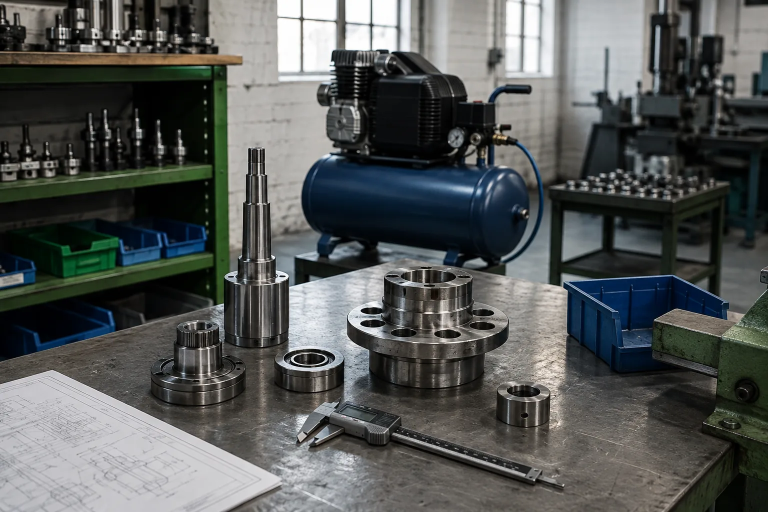 Compressor e peças de máquinas em uma oficina